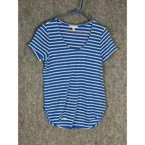 Tommy Bahama Women Blue White Striped V Neck T Shirt Top‎ M M Cotton Casual Cute